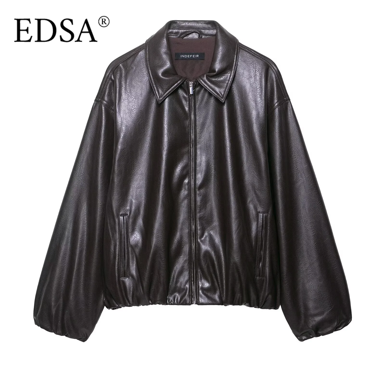 

EDSA женская куртка-бомбер из искусственной кожи с боковой молнией и длинными рукавами, воротник с лацканами, эластичный подол, женская верхняя одежда