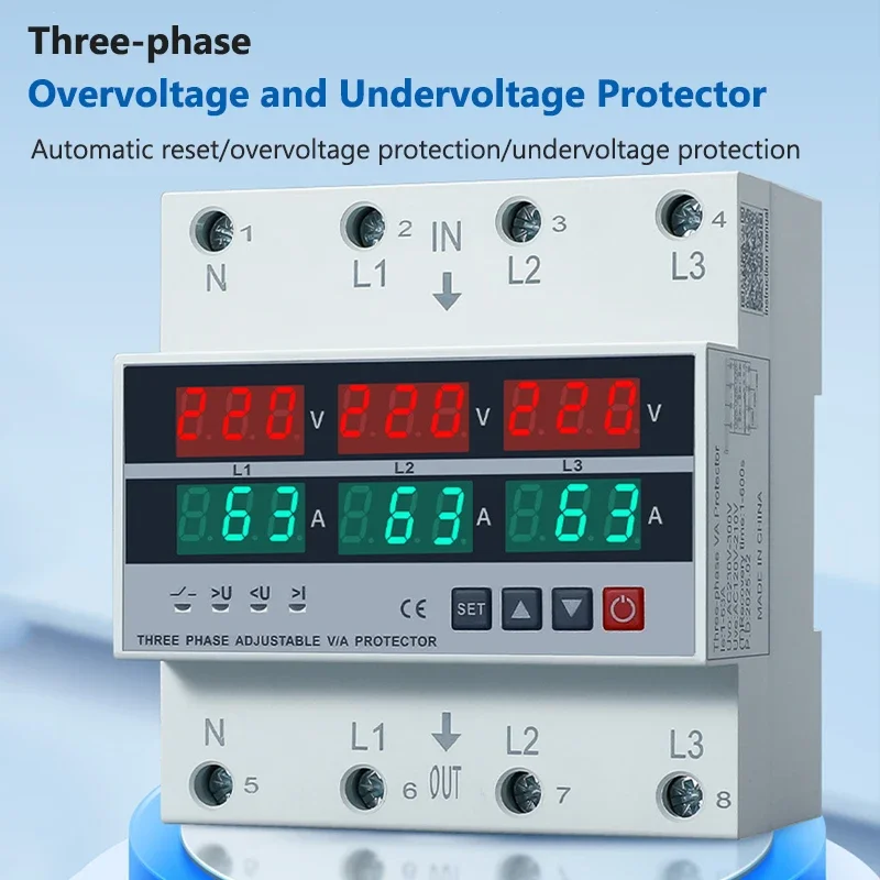 63A/100A 3 المرحلة قابل للتعديل أكثر وتحت الجهد حامي حماية التيار الزائد Din السكك الحديدية الفولتميتر مقياس التيار الكهربائي التبديلات حامي #4