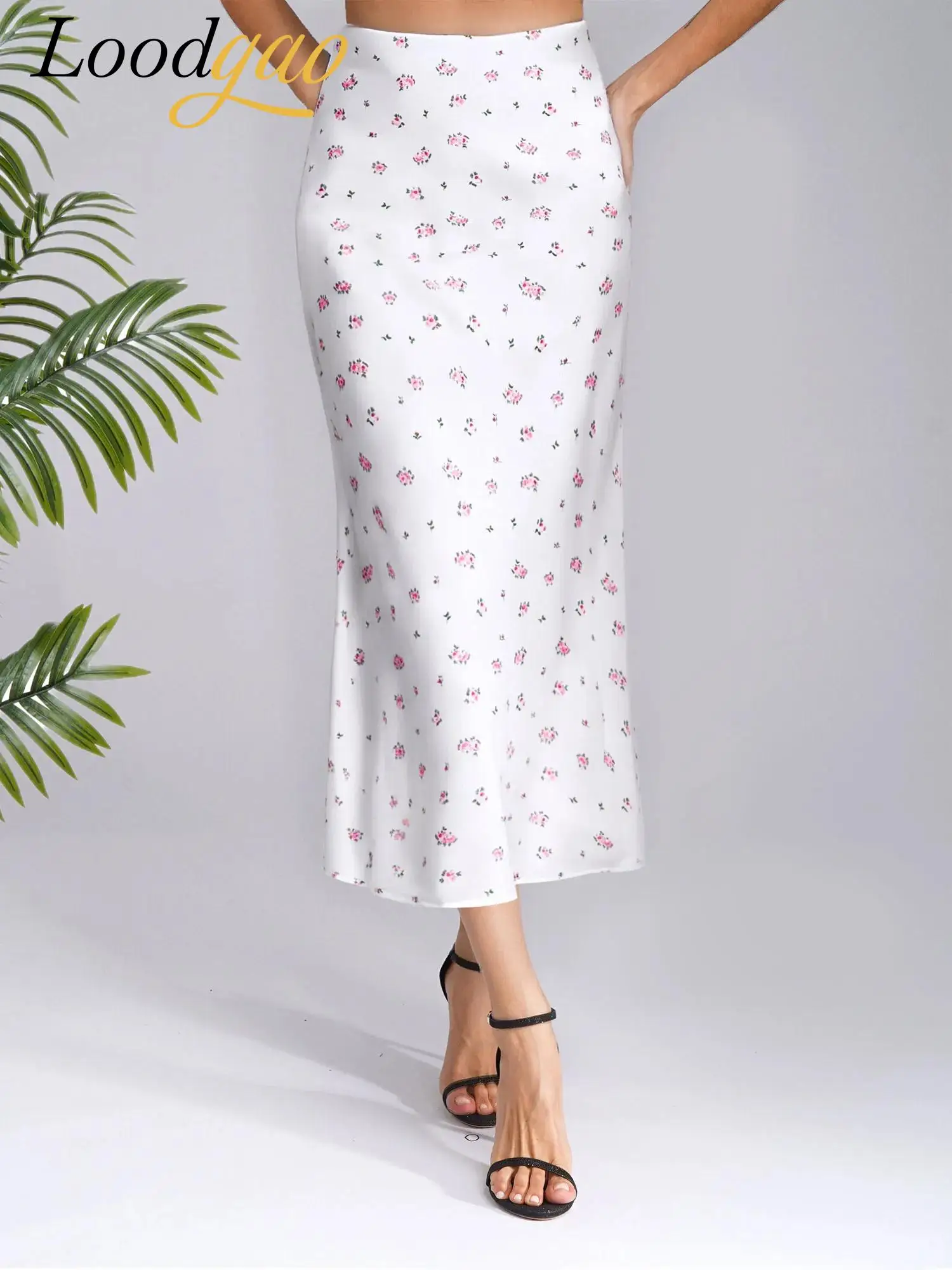 

Summer Lady Floral Skirts Summer Elegant Maxi Skirts Womens D Satiny Midi Skirt High Waist Zipper Skirt Beach Holiday Clothes