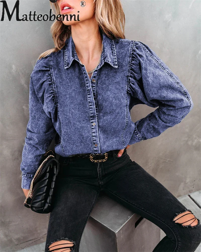 Fashion Lapel Cardigan Denim Shirt Female Spring Autumn Versatile Basic Streetwear Casual Blouse 2024 Vintage Loose Women\'s Tops