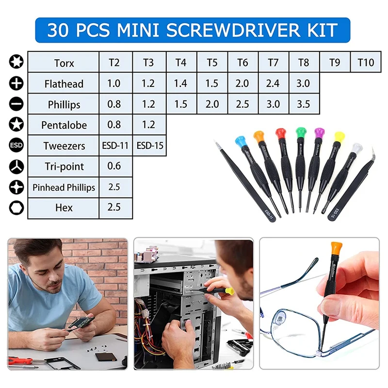 Magnetic Torx Chave De Fenda Kit Precisão Chave De Fenda Set com Flathead Phillips Mini Chaves De Fenda, Pinças ESD, 30 em 1