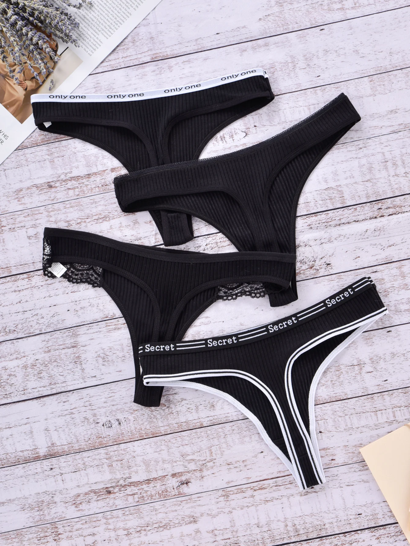 4pcs/set of women's cotton thong panties, sexy low rise G-shaped ladies lingerie, high stretch breathable lace lingerie, bikini