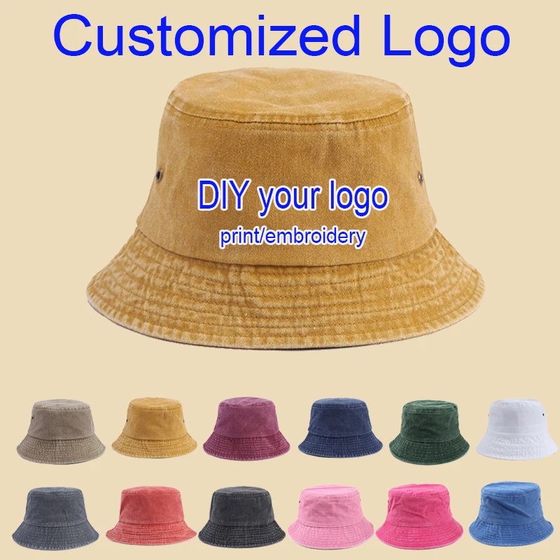 Customized Logo Print Embroidery European American Cotton Washed Bucket Hat Retro Old Hip Hop Hat Casual Sunshade Basin Hat