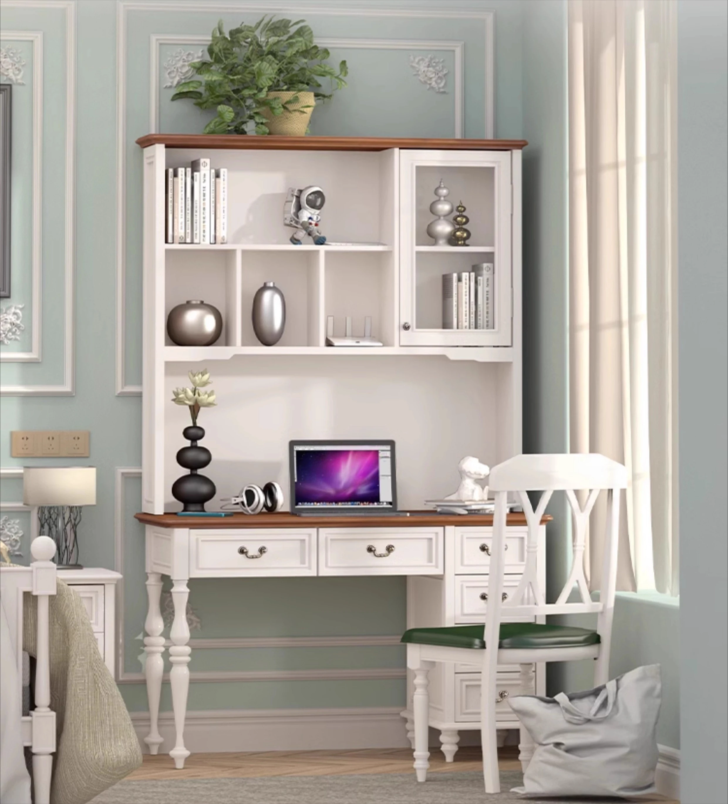 All solid wood Mediterranean American retro home bookshelf combination learning workbench