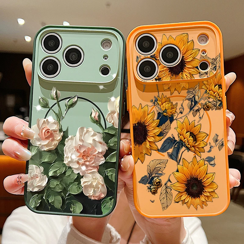 Realistische Blumenmuster-Magnet-Hülle für iPhone 17 16 15 14 13 Pro Max für MagSafe kabelloses Laden, stoßfeste Hartschalen-Handyhülle