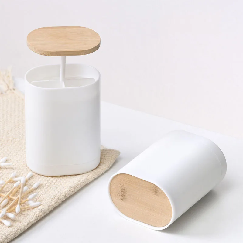 Press-Style Cotton Swab Dispenser - Bamboo Lid Pop-up Toothpick Box Living Room Desktop Storage for Toothpicks and Cotton Swabs