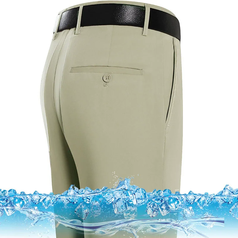 Summer Thin Suit Pants for Men Flat Black Khaki Green Wedding Party Dress Trousers Male Fashion Casual Wear