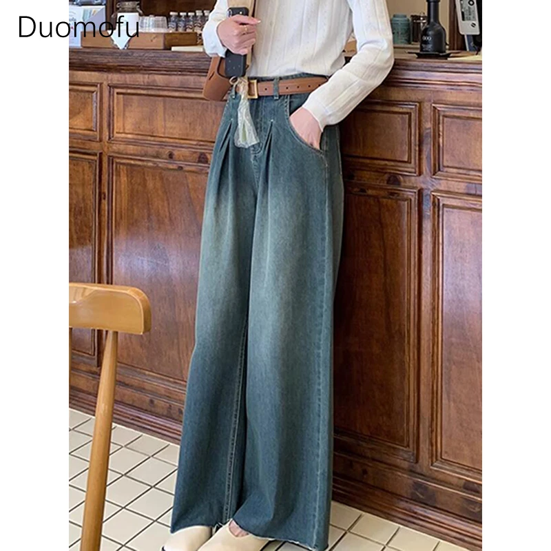 Duomofu-pantalones vaqueros rectos ajustados de cintura alta para mujer, Vaqueros clásicos de longitud completa, sueltos, simples, de moda, color azul