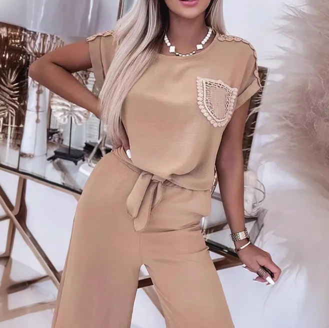 

Women Style Suits 2024 Spring Summer Latest Solid Color Round Neck Lace Splicing Flying Sleeve Top+Strap Wide Leg Long Pants Set