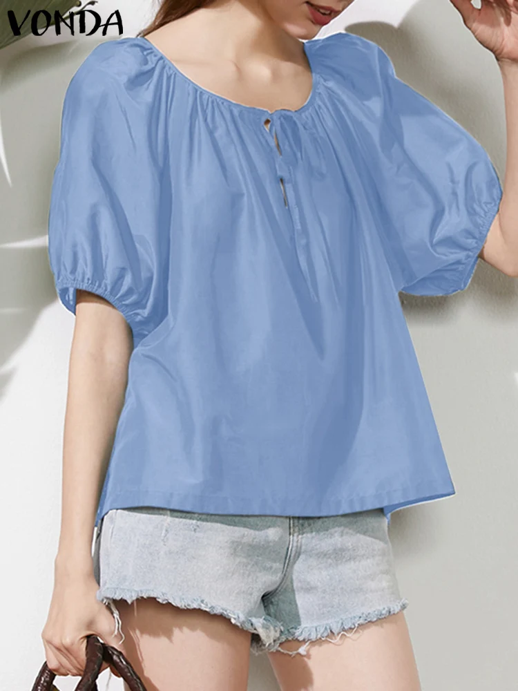 Women Summer Short Sleeve Blouse 2023 Sexy Round Neck Bohemian Tops VONDA Fashion Elegant Solid Color Shirts Baggy Blusas Femme