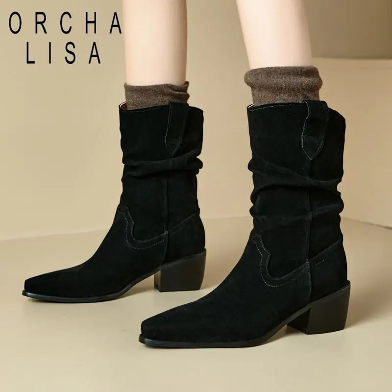 

ORCHA LISA Женские ботинки в стиле вестерн из флока, замши, острый носок, каблук 5,5 см, без шнуровки, удлиненный размер 46–48, модная бота до середины икры