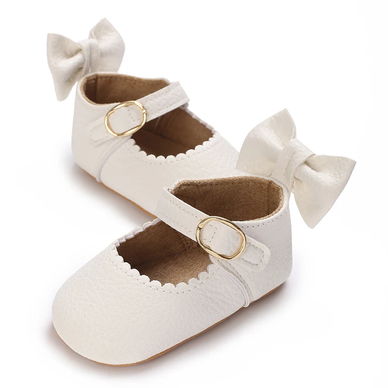 Sepatu Putri Pita Lucu Bayi 0-18M Musim Semi dan Musim Gugur Putih Sepatu Putri Anti Selip Sol Karet Lembut PU Kasual Sepatu Jalan
