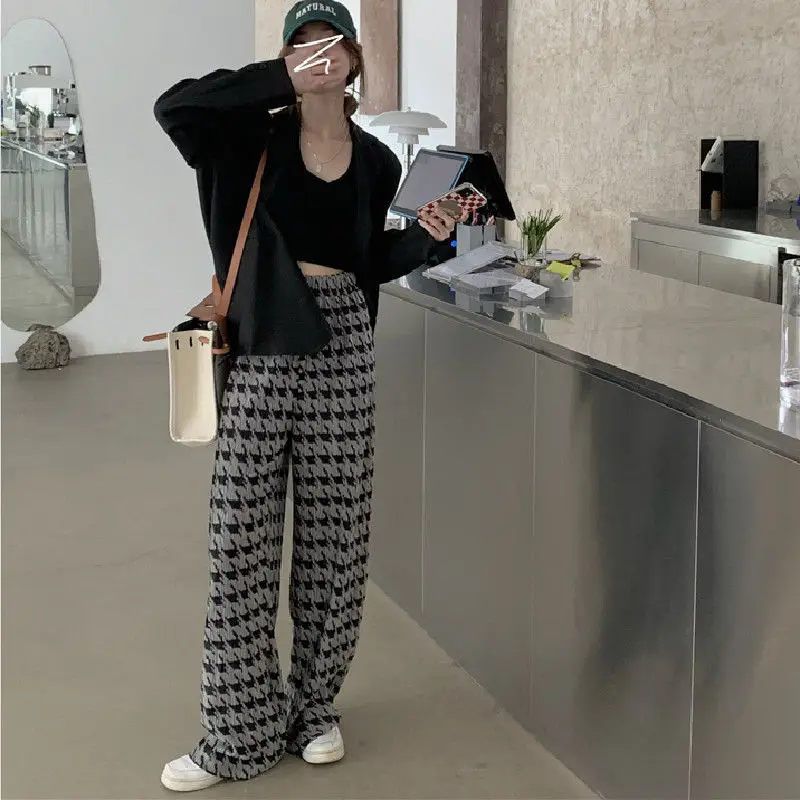 Femme Korean Plaid Loose Elastic Waist Straight Autumn Street Casual Pleated High Waist Wide Leg Women Clothes Fashion Pants