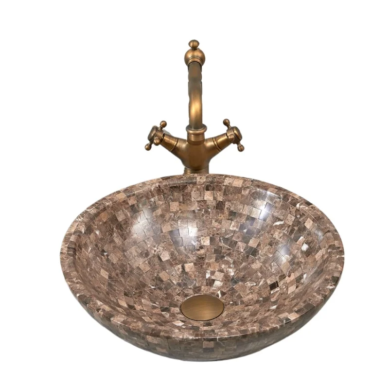 

Marble Mosaic Counter Basin Washbasin Household Round Art Basin Personalized Washbasin Stone Washbasin