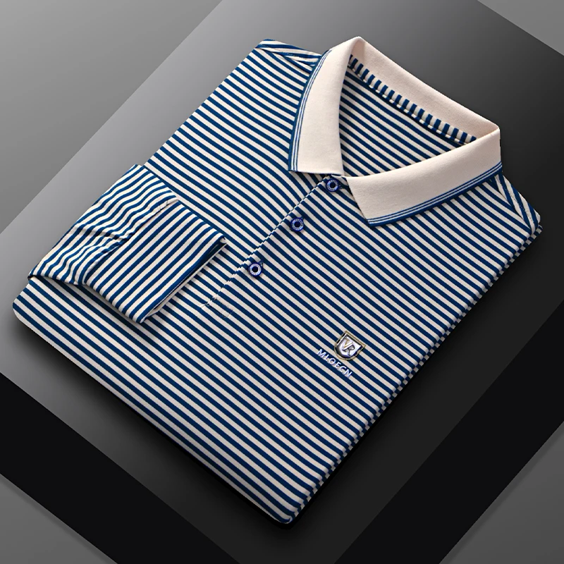 

Мужская футболка с длинными рукавами, новая осенне-зимняя полосатая футболка со свободным воротником среднего возраста, рубашка поло