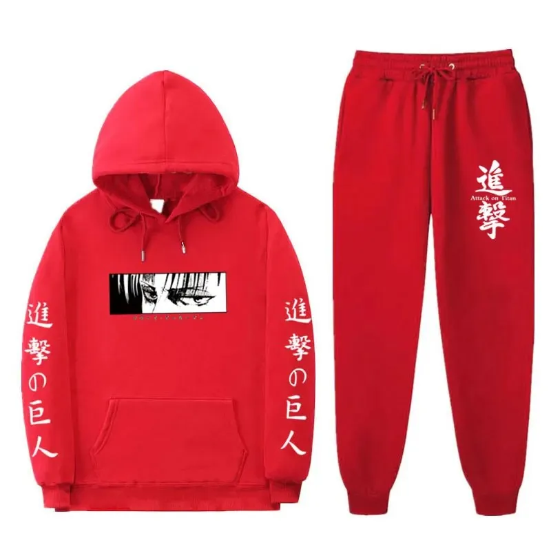 Japanese Anime 2-Piece Set Attack Titan Printed Winter Sweatshirt + Drawstring Pants Hoodie Suit Casual Long