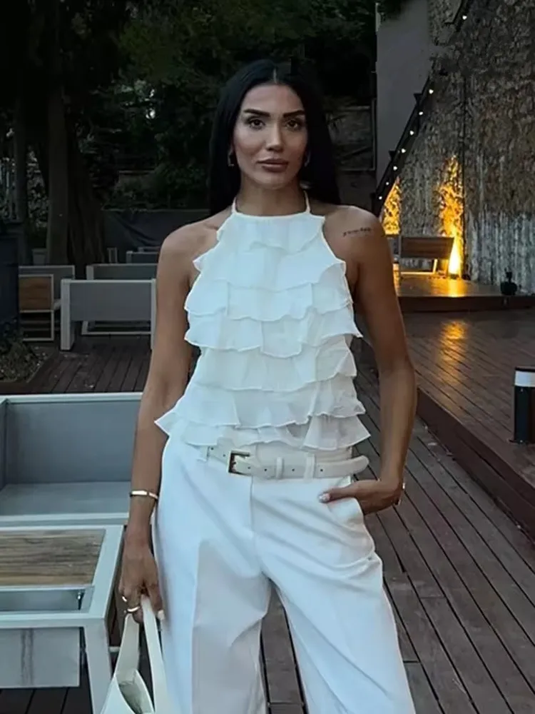 

Woman Layered Ruffles Halter Lace Up Solid Top 2025 Summer New Ladies Sexy Sleeveless Backless Casual Short Tank Top Clothes