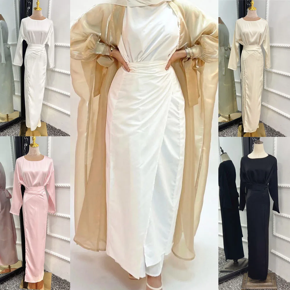 

Fahion Muslim fake two pieces Robe Long Dress For Women Musulmane Turkish Dubai Satin Solid Kaftan Wrap Robe Full Length Abaya