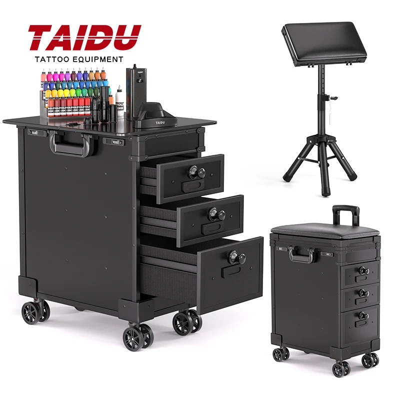 TAIDU Tattoo Suitcase With Three Drawers Tattoo Trolley Case Large Storage Space Composite PU ABS For Tattoo Artist Outing