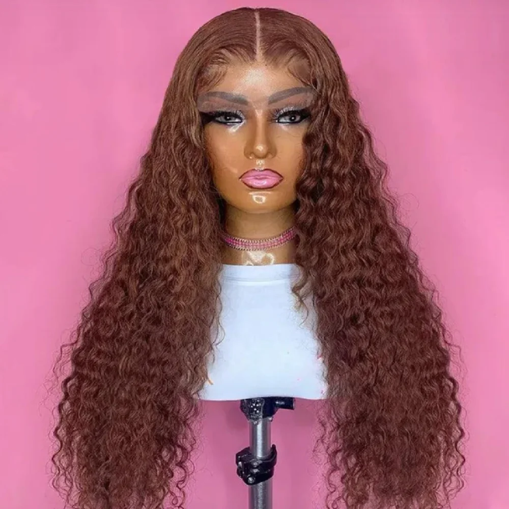 Peruca dianteira do laço longo marrom escuro Kinky Curly para mulheres, cabelo macio do bebê, resistente ao calor, pré-arrancadas, sem cola, diariamente, 26"