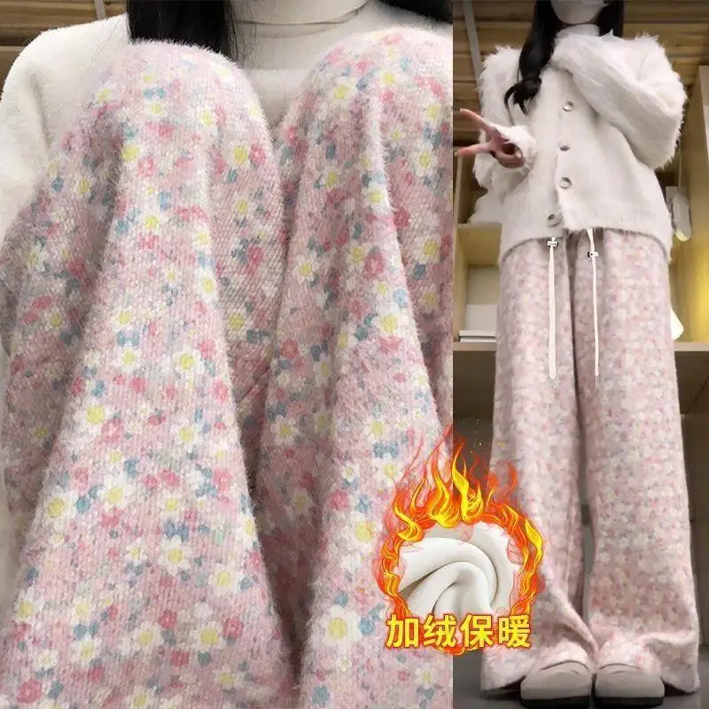 Damenhose, atmungsaktiv, Vintage, weich, Denim, Winter, Herbst, klebrig, rosa, Blumenmuster, hohe Taille, locker, lässig, Fleece, dick, weites Bein