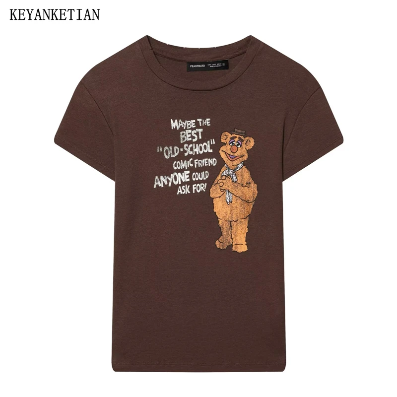 

KEYANKETIAN 2026 Летняя Новая Ретро-футболка Y2K с коричневым мультяшным принтом Fozzie Bear для женщин, повседневная футболка с коротким рукавом, облегающая футболка-пуловер