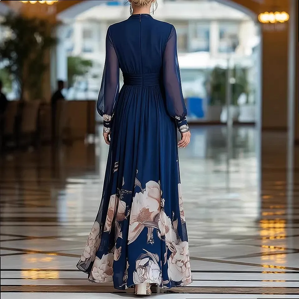 Mesh Patchwork French Bodycon Dress Floral Print Maxi Dresses Blue Casual Comfortable Jumpsuit Playsuit