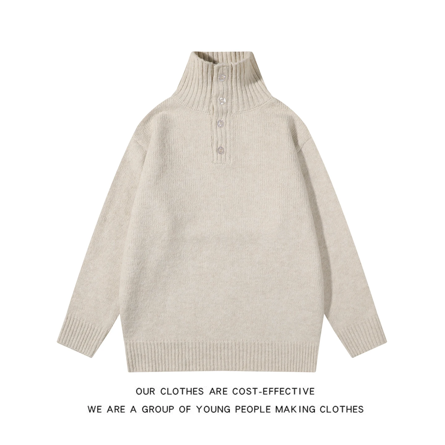 

Мужской плотный трикотажный свитер с высоким воротником на осень-зиму, однотонный, с пуговицами, в корейском стиле, свободного кроя, с воротником Хенри, базовый слой