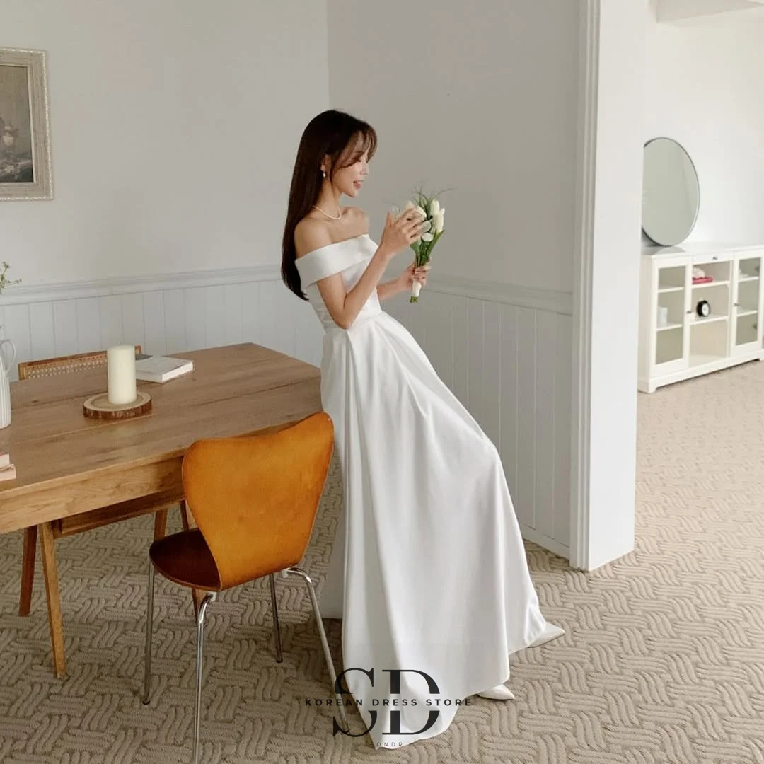 Sondr Boat Neck Korean Evening Party Dresses Customized Satin Simple Wedding Snap Dress Elegant Prom Dress Bridal Reception Gown