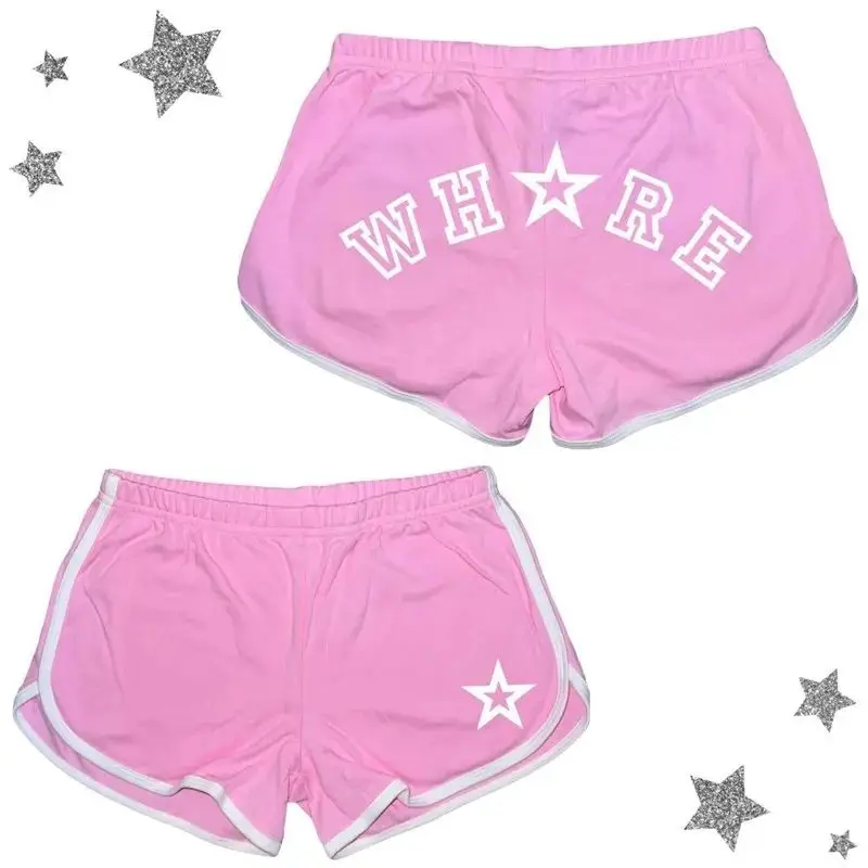 유럽과 미국의 2025 여름 새로운 매운 소녀 핑크 만화 대조되는 인쇄 된 편지 섹시한 반바지 Y2K 캐주얼 해변 스타일