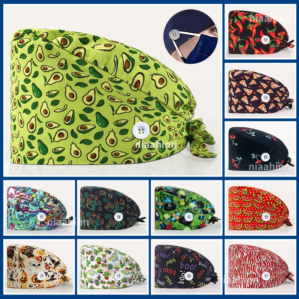 Unisex Scrub Hat Tooth Pattern Print Adjustable Beauty Salon Nursing Cap Lab Dentist Work Hat with Buttons Pharmacy Scrubs Caps