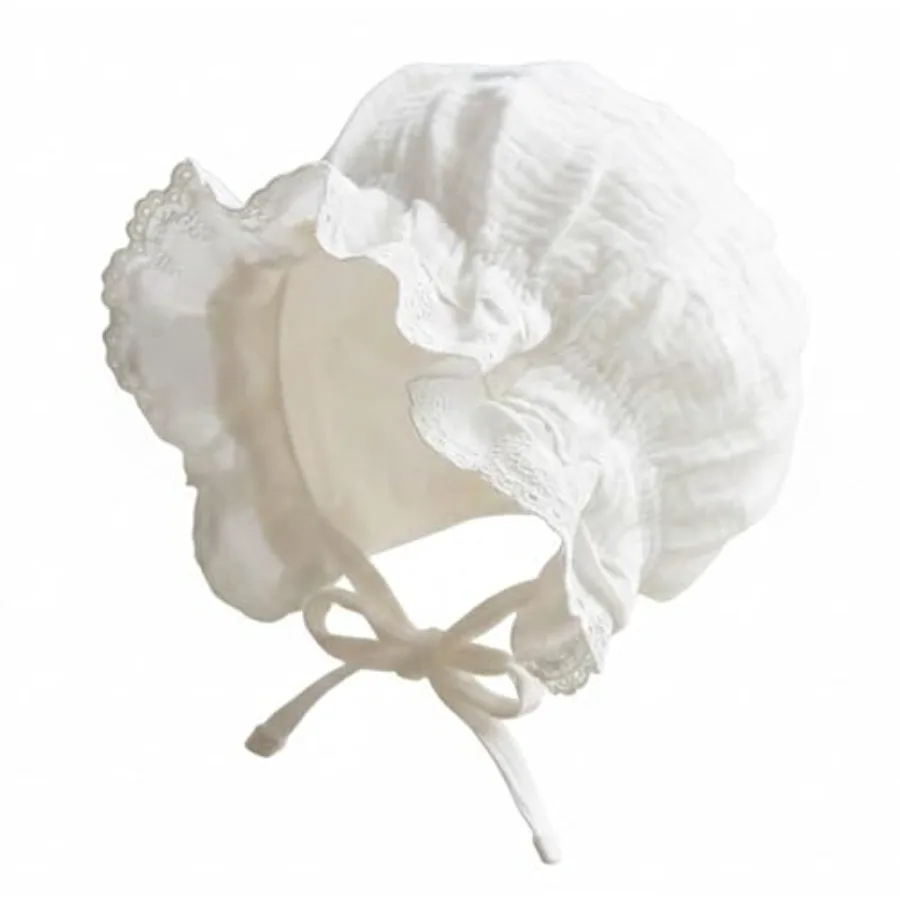 Baby Girl Cotton Muslin Bonnet - Vintage Ruffle Lace Newborn Sun Hat Adjustable Chin