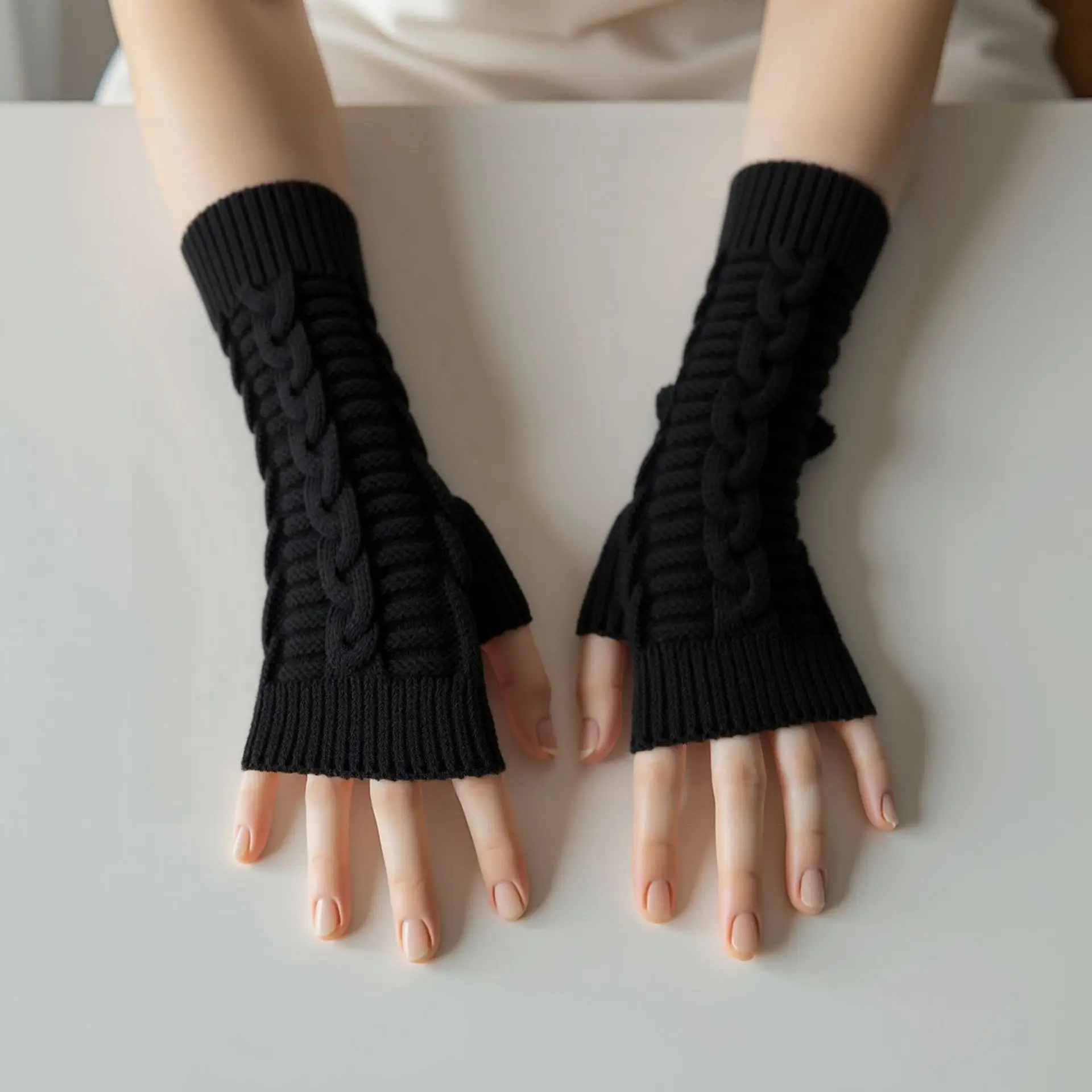 قفازات قصيرة محبوكة للخريف/الشتاء بسيطة، معصم دافئ مفتوح الأصابع وأكمام للذراع للرجال والنساء