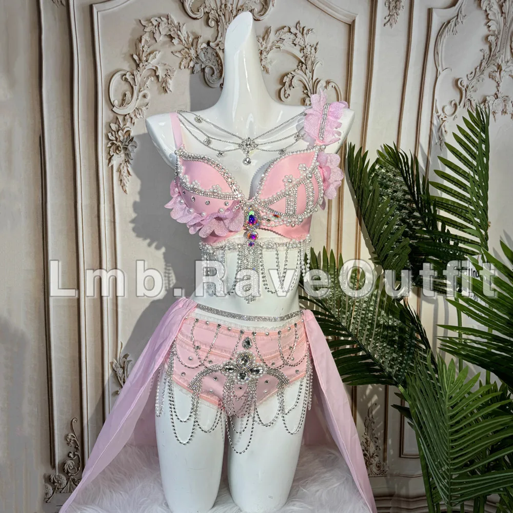 

Nightclub Bar Sexy Electric Music Festival Clothing Pink Floral Diamond Tassel Bikini Tail Skirt Rave Outfit DJ Stage Costume