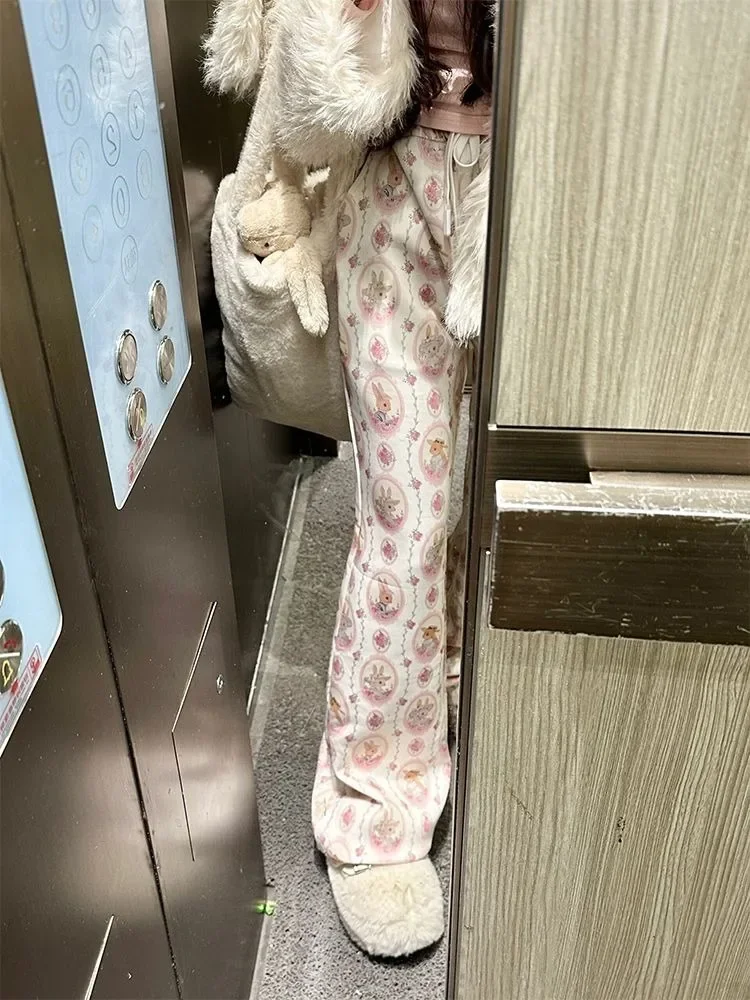 Fashion All-match Cute Rabbit Print Trousers Y2k Drawstring High Waist Flare Pants 2026 Sumemr New Loose Wide Leg