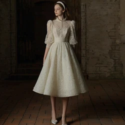 Customized Elegant Wedding Dresses Appliques Bride Gown High A-line Three Quarter Ankle-Length Party Dress Vestidos Свадебное пл
