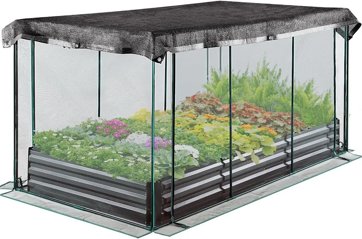 

Galvanized raised garden bed with crop cage, plant protection netting, tent and shade cloth kit