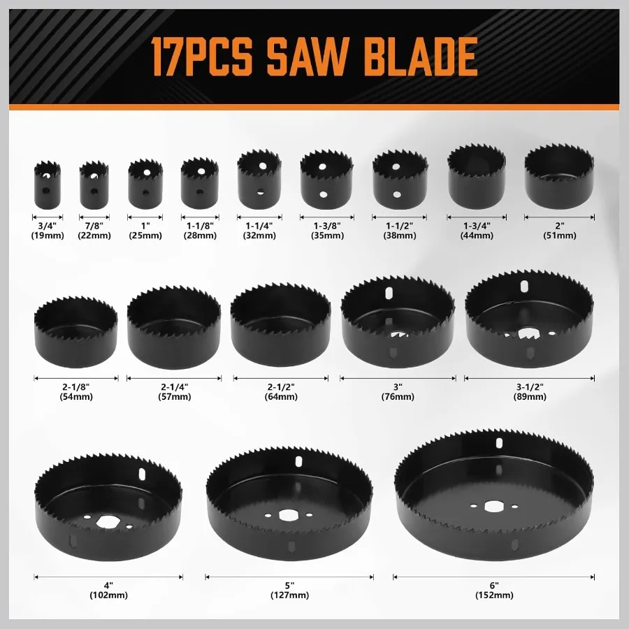 Juego de sierra perforadora, 24 Uds., Kit de sierra perforadora para paneles de yeso, madera blanda, madera contrachapada, plástico, PVC, aplicaciones con 3 46 19152mm, 17 Uds., hojas de sierra para 2 hombres