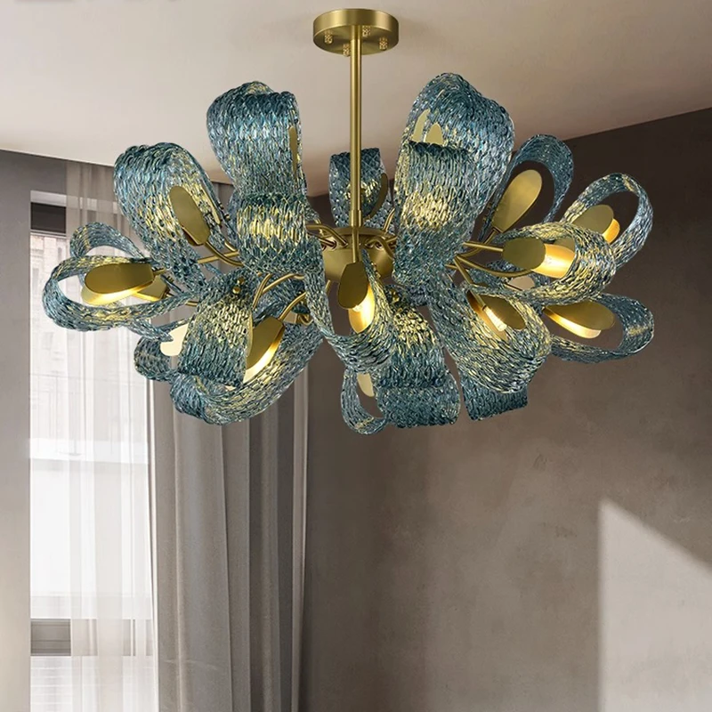 Blue Flower Ceiling Chandelier 2024 Modern Home Decor LED Hanging Lamp Dining Room Lustre Luxury Living Room Art Decor Lamparas