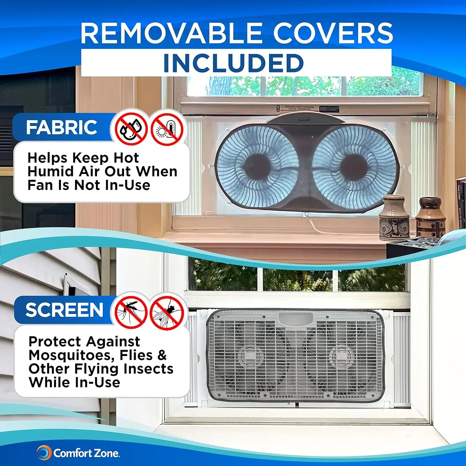 Ventilador de janela duplo com controle remoto, tampa removível, reversível, 9 Polegada, 3 velocidades, 3 funções, fluxo de ar expansível, 8,40 pés por segundo