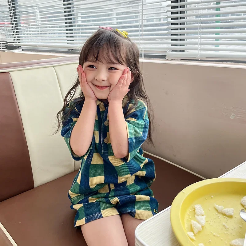 Sweet And Cute Summer Girls Korean Ins Style Waffle Polo Top T Shirt Shorts Set For Kids Leisure Exercise Childrens Clothing
