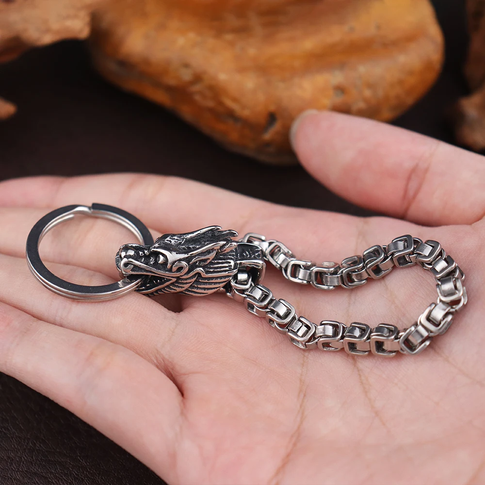 Stainless Steel Popular Chinese Dragon Men\'s Keychain Creative Viking Dragon Head Emperor Chain Keychains Jewelry Gift Wholesale