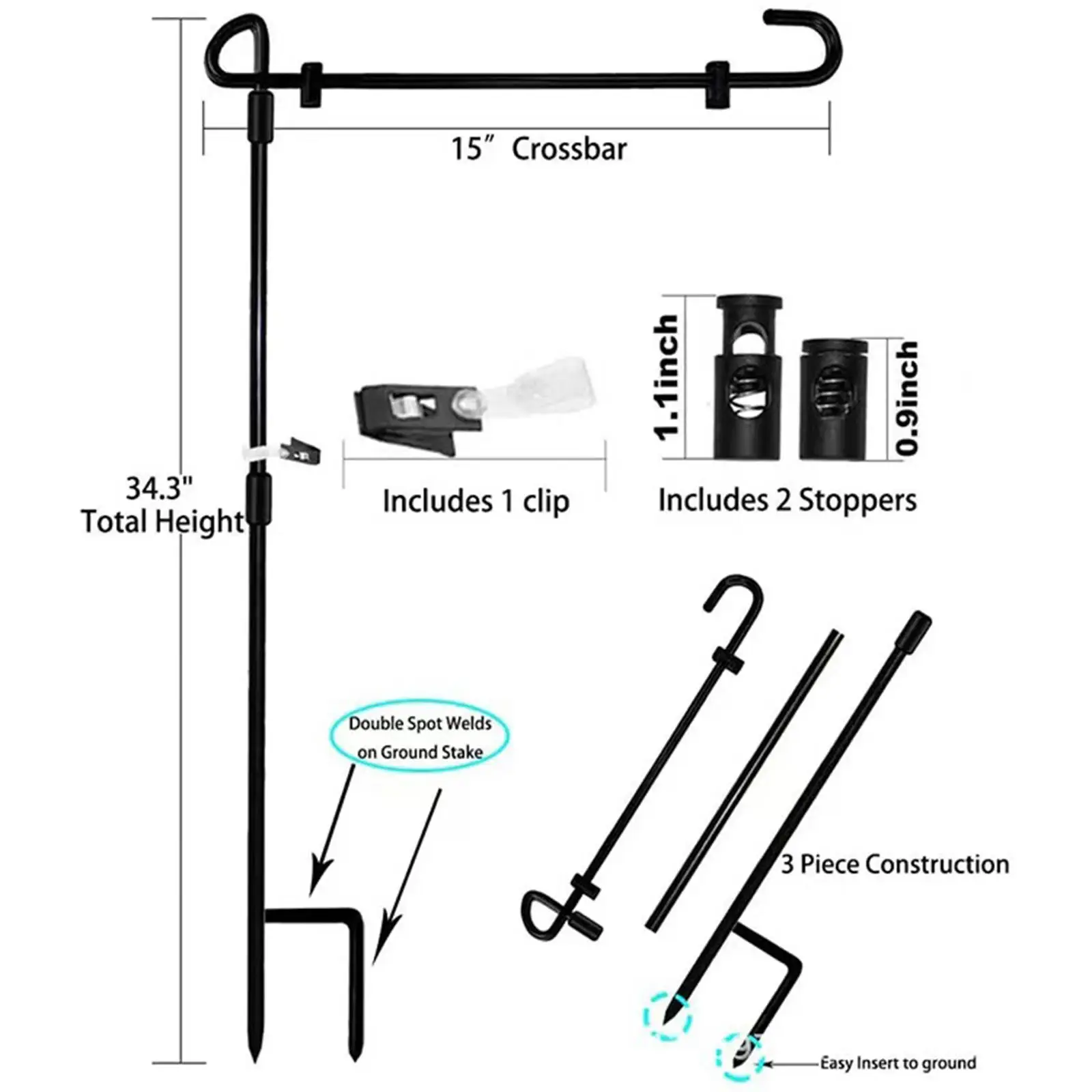 Outdoor Garden Banner Pole Holder Heavy Duty Iron Flag Stand with Stopper Clips for Patio Lawn Decor Display
