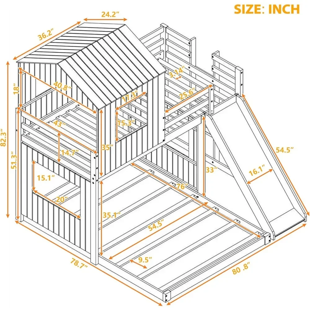 Harper & Bright Designs Twin Over Full House Bunk Bed with Slide and Roof, Wood House Bunk Bed with Ladder and Guardrails