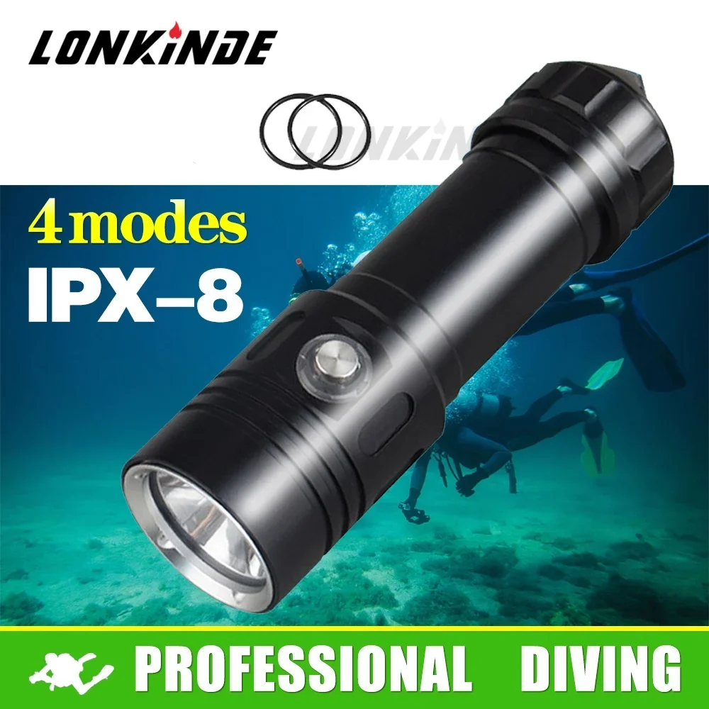 IPX8 Waterproof Diving Flashlight 8000LM 4Modes Professional Underwater 200M Scuba Diving Torch Dive Light Using 26650 battery