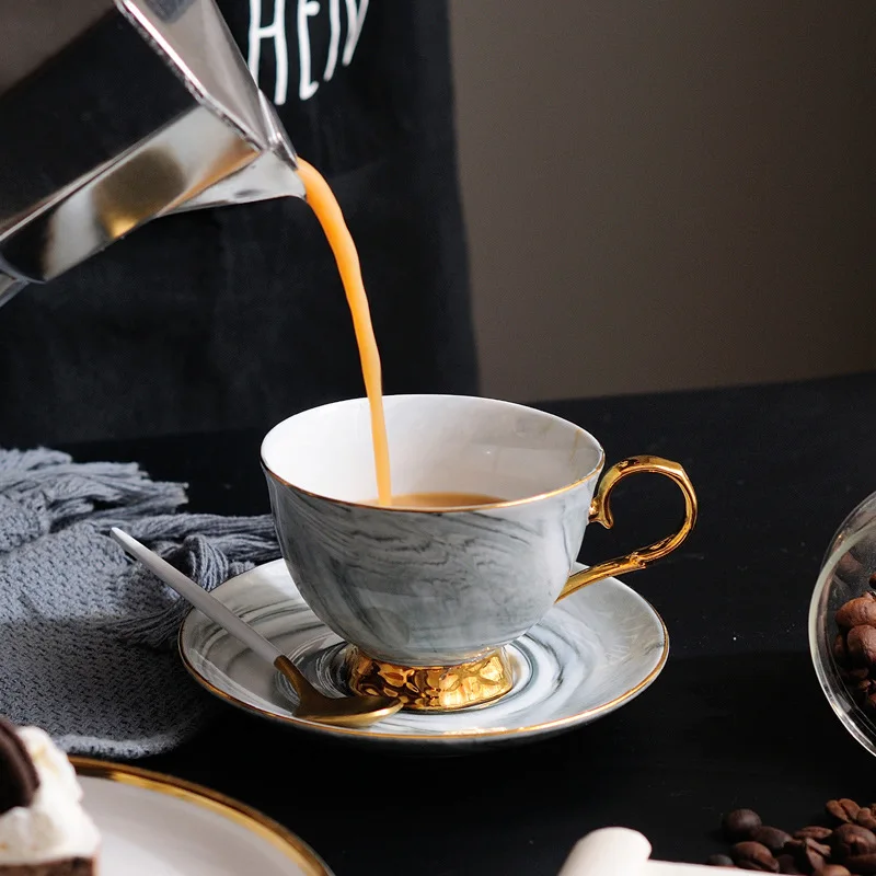 Nordic Minimalist Marble Patterned Ceramic Coffee Cup and Plate English Afternoon Teacups Home Kitchen Drinkware Mugs Tea Cup