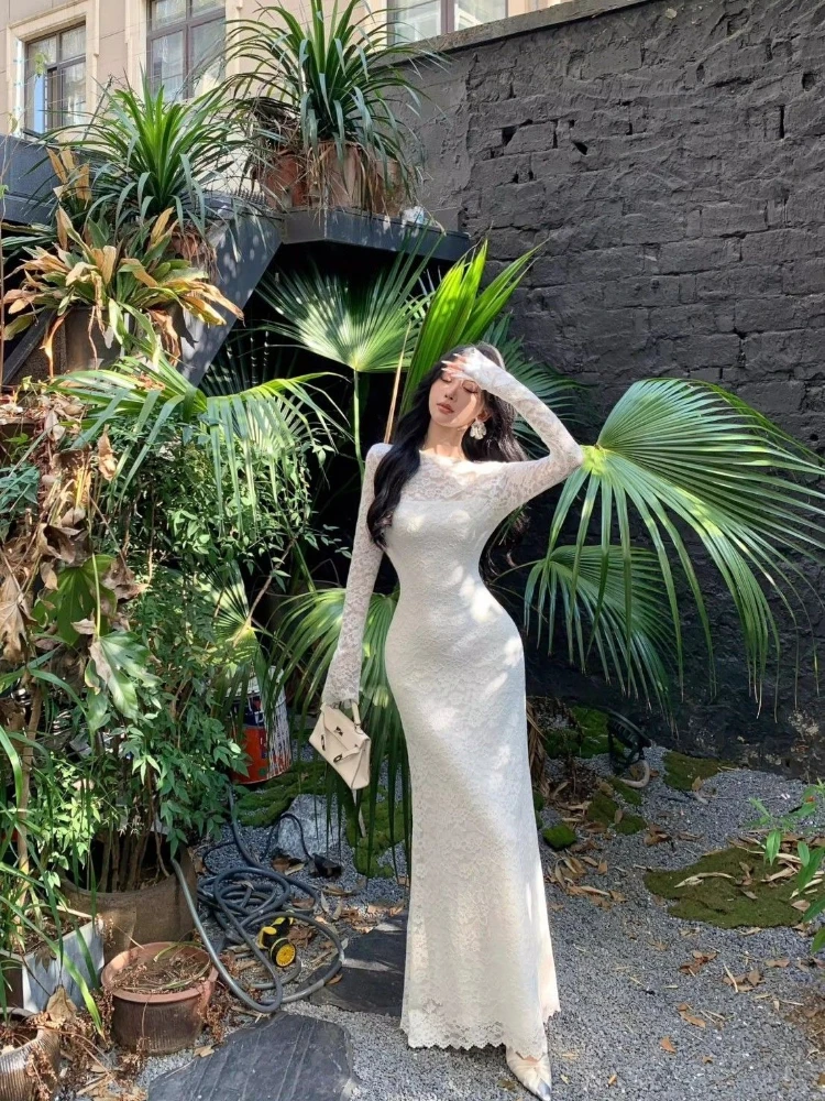 

Французское кружевное платье с длинными рукавами, осенне-зимнее, новая модель, длинное платье-русалка, облегающее, элегантное, подчеркивающее фигуру ​