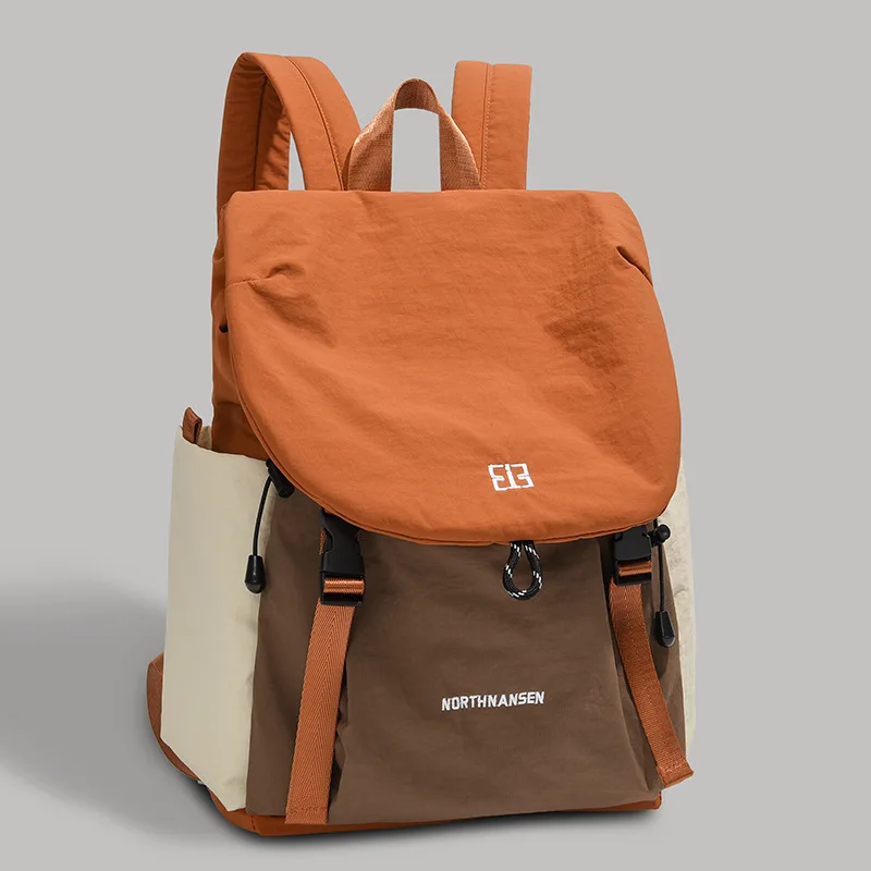 Color Block Women Backpack Waterproof Nylon Buckle Flap Large Capacity Lightweight Casual Daypack For School Travel Outdoor