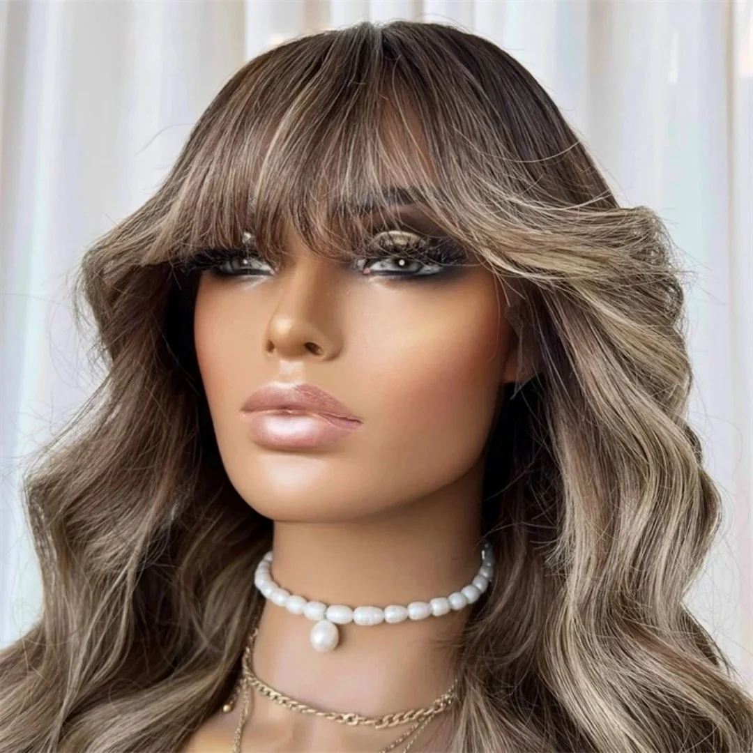 Bouncy Highlight Chocolate Brown Synthetic Lace Wigs 28 Inch Long Wavy Wig With Bangs High Density Daily Party Cosplay Wigs