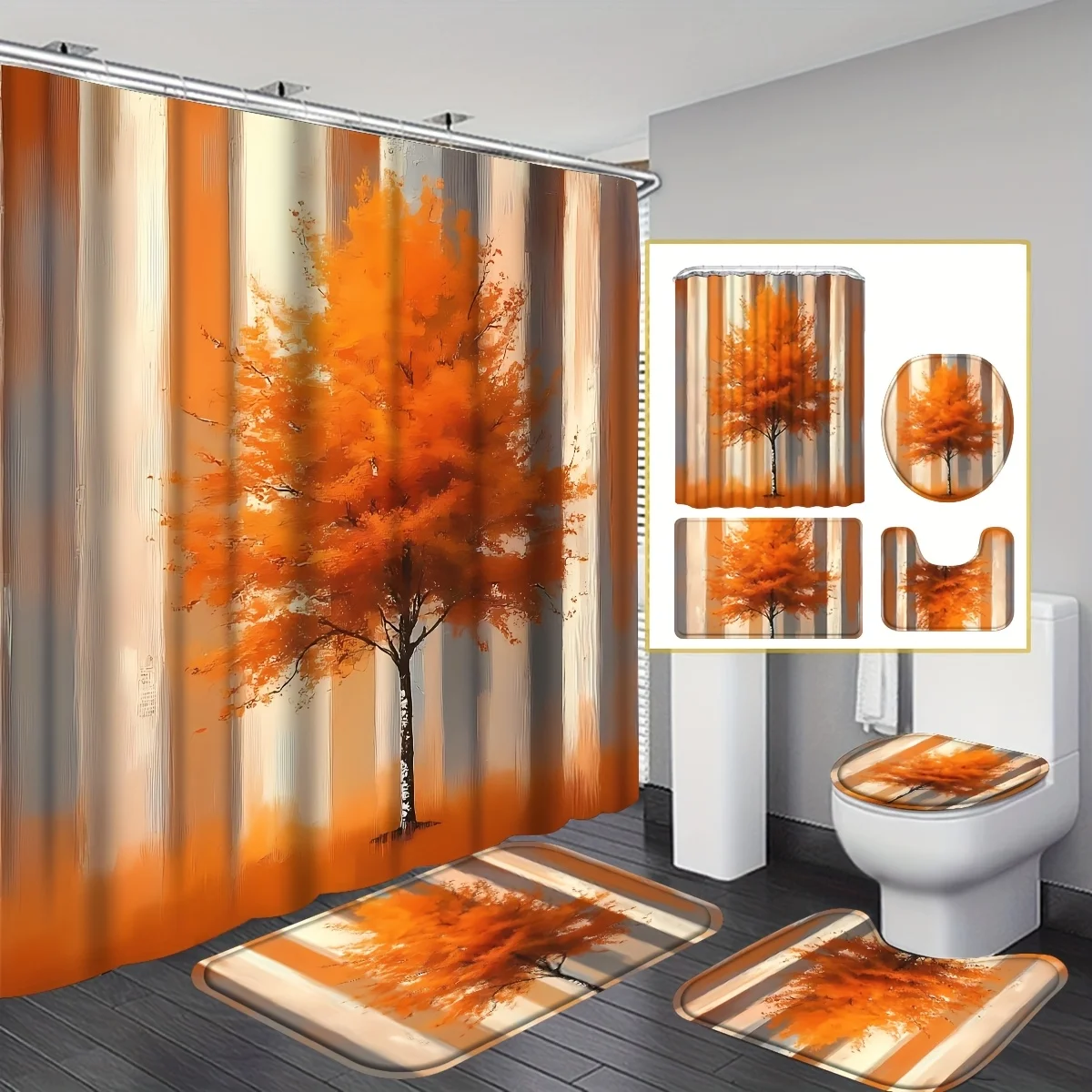 4pcs Fall Shower Curtain Sets, Thanksgiving Autumn Harvest Maple Leaves Bathroom High Quality Shower Curtain Bathroom Sets Full Set with 12 Hooks, Bath Mat, Toilet Lid Rug, Non-Slip U Shape Mat, Thanksgiving Gift, Autumn Bathroom Decor And Accessories